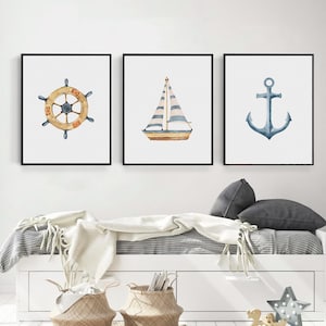 Nautical Watercolor Set of 3 Prints | Sailboat Print | Anchor Kids Room | Wheel Boat Room Decor | Boys Room Posters | Nursery Child Toddler