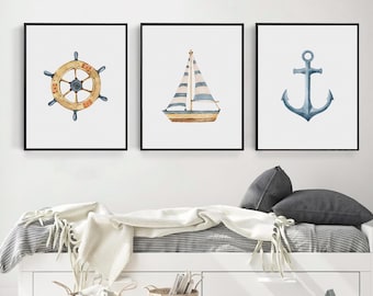 Nautical Watercolor Set of 3 Prints | Sailboat Prints | Ocean Themed Kids Room | Wheel Boat Anchor Art | Boys Room Poster | Nursery Prints
