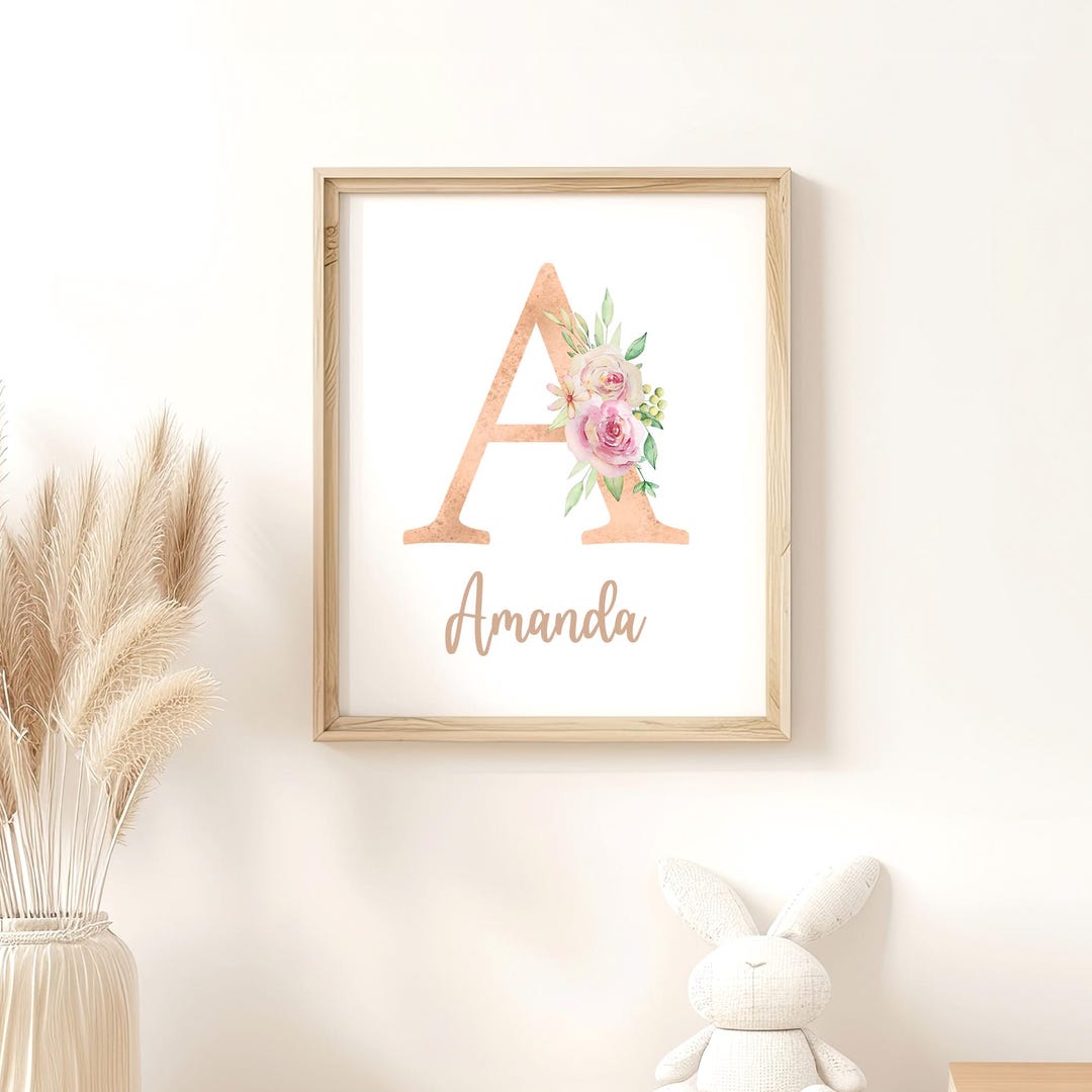 Custom Baby Name Wall Art Print | Watercolor Pink Floral | Beige ...