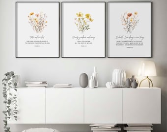 Christian Set of 3 Bible Verse Wall Art Prints | Botanical Scripture Poster | Watercolor Neutral Wildflowers Wall Art | Bible Quotes Prints