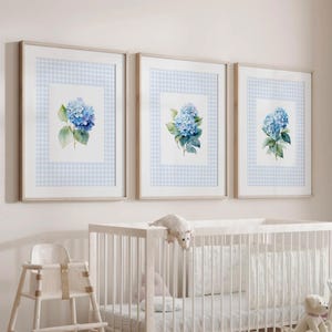 Watercolor Blue Hydrangea Set of 3 Prints | Blue Grandmillenial gingham Print | Minimalist Artwork | Botanical Fine Art Poster | Flowers Art
