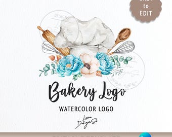 Bakery Logo, Watercolor Chef Hat Logo Template, Editable Canva, Elegant Watercolor Baking Brand Logo, Digital Logo, Premade Homebakery Logo