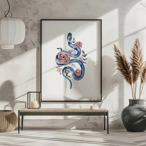 Floral Snake Wall Art Celestial | Watercolor Blue Snake | Boho Snake Wall Decor | Vintage Serpent Art | Antique Snake Flowers Print Nature