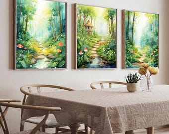 Watercolor Forest Set of 3 Prints | Enchanted Forest nursery decor room poster | Magical Woodland Prints | Mushroom art | cabin in the woods