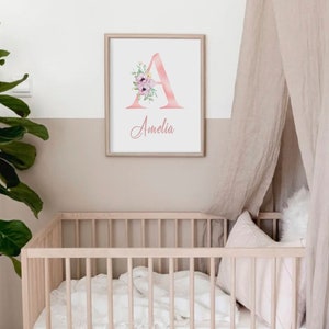 Impresión floral de pared con nombre de bebé personalizado / Arte floral en acuarela rosa / Impresión floral con monograma rosa / Decoración de pared para habitación de bebé