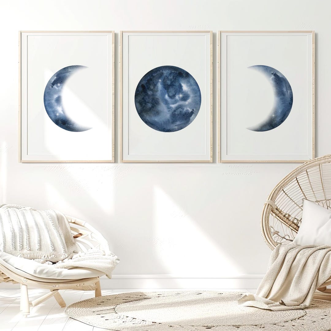 Moon Phases Wall Art Set of 3 Prints | Watercolor Moon Poster | Indigo ...