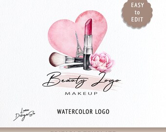 Beauty Logo, Elegant Makeup Branding Logo, Editable Canva Template, Watercolor Сosmetics Logo