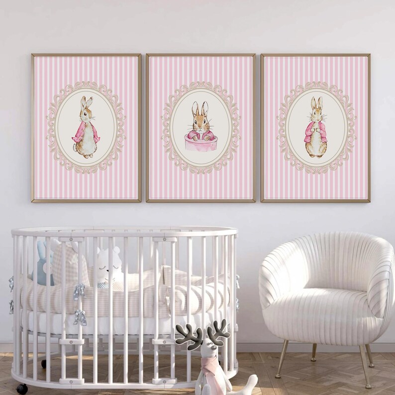 Pink Peter Rabbit Nursery Prints | Nursery Baby Room Decor | Vintage ...