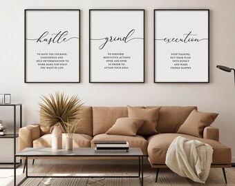 Motivational hustle grind execution Set of 3 Wall Art Prints | Positive Office Decor | Inspirational Quotes Poster | Minimalist Home Decor