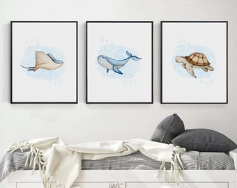 Sea Animals Nursery Set of 3 prints | Nautical nursery prints | Ocean Nursery decor | cute whale poster | underwater print | under the sea