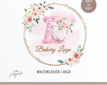 Bakery Logo, Watercolor Pink Mixer Logo Template, Elegant Brand Logo, Sweet Logo Editable Canva Template, Baking Tools Logo