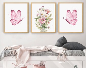 Watercolor butterfly Set of 3 Prints | Kids nursery prints | pink butterfly baby poster | Wildflowers bouquet Print | Baby Girls Room Decor