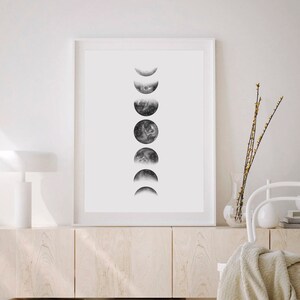 Moon Phases Wall Art Print | Watercolor Moon poster | Gray Minimalist Planets | Boho Lunar Phases wall art | Celestial Modern Home Decor