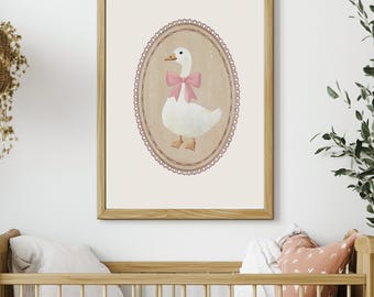 Silly Goose Wall Art | Beige Nursery Baby Decor | Cute Goose print | Farm Animal Poster | Pink Coquette Decor | Girl's Room Goose Printable
