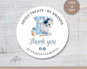 Bakery Thank You Sticker, Elegant Homemade Sticker, Editable Canva Template, Watercolor Blue Mixer Dessert Label, Baking Branding Label