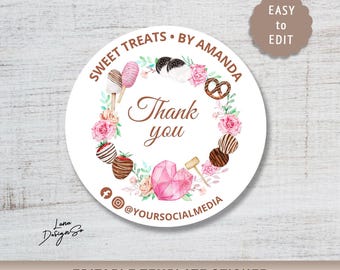 Bakery Thank You Sticker, Elegant Watercolor Sweet Treats Sticker, Editable Canva Template, Watercolor Breakable Heart, Homebakery Label