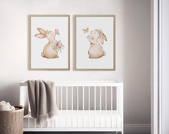 Bunny Nursery Set of 2 Prints | Cute Bunny Wall Art | Girls Bedroom Decor | Nursery Rabbits Poster | Watercolor Baby Animals Printable Art