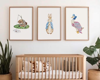Beatrix Potter Nursery Set of 3 Wall Art Prints | Watercolor Peter Rabbit Prints | Jeremy Fisher Poster | Jemima Puddle Duck Wall Art Print