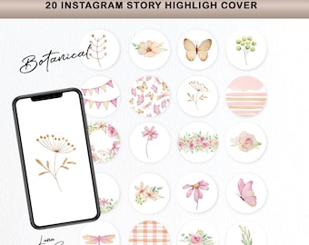 Aquarel bloemen Instagram Story Highlight Covers, pastel botanische esthetiek, bloem en vlinder, 20 JPG-pictogrammen voor social media branding