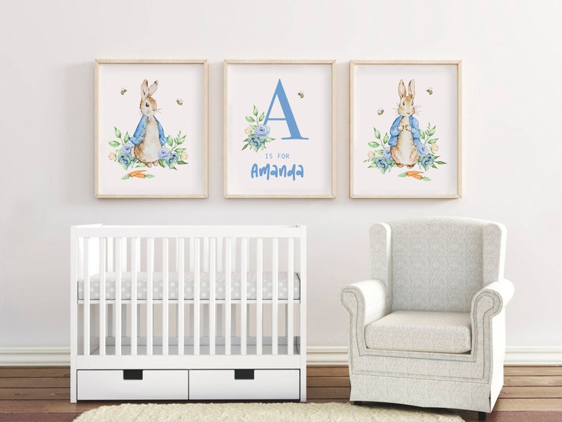 Personalized Baby Name Wall Print Watercolor Peter Rabbit Blue Monogram ...