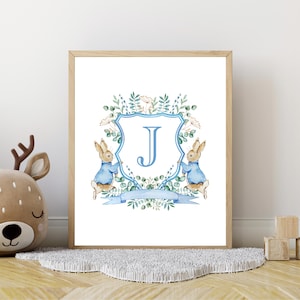 Custom Baby Name Peter Rabbit Floral Crest Wall Art Print | Watercolor Cute Bunny Poster | Blue Monogram Letter Print | Baby Nursery Print