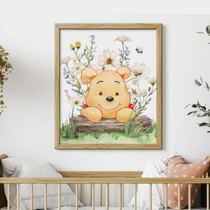 Winnie Puuh Wand Kunst Poster | Aquarell Pooh mit Blumen Print | Kinder Schlafzimmer Dekor | Kinderzimmer Tier Printable | Winnie Puuh Poster