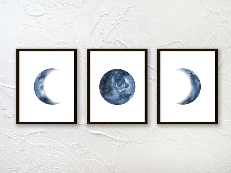 Moon Phase Wall Art Set of 3 Prints Watercolor Moon Poster Etsy