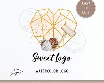Bakery Logo Editable Canva Template, Watercolor Breakable Gold Heart Logo Design, Watercolor Chocolate Strawberry Logo, Elegant Brand Logo