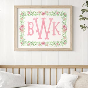 Personalized Monogram Floral Wall Art Print | Watercolor Pink flower art | Pink Letter Vintage Poster | Nursery Custom Name Wall Art Print