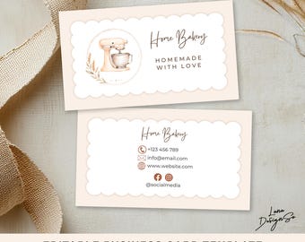 Home Bakery Business Card Template, Elegant Watercolor Baking Card, Editable Canva, Watercolor Beige Mixer, Custom Business Card Editable