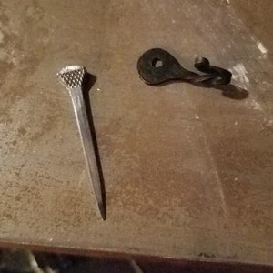 May include: A silver horseshoe nail and a black metal hook with a twisted design.
