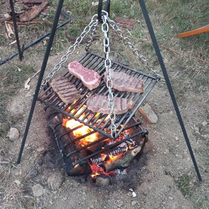 HAND FORGED  hanging GRILL campfire cooking heavy duty hanging for tripod
