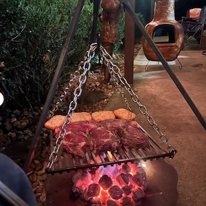 HAND FORGED  hanging GRILL campfire cooking heavy duty hanging for tripod