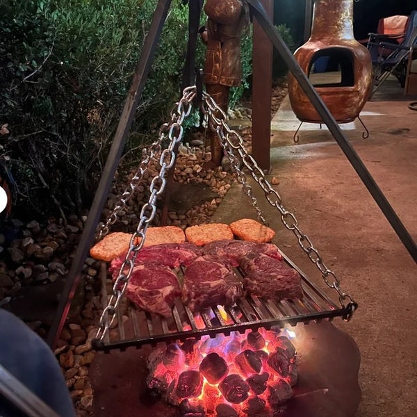 Parrilla colgante forjada a mano para cocinar al aire libre, resistente, para colgar en trípode