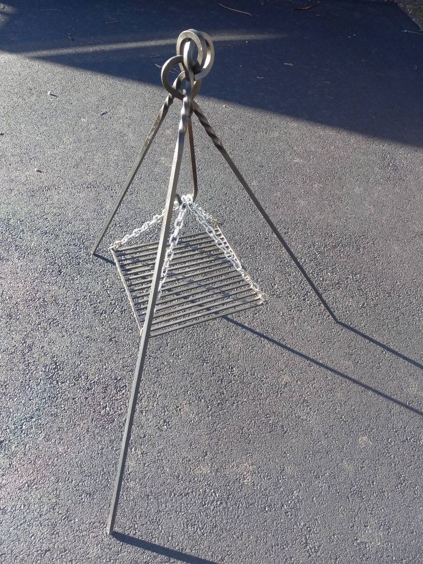 HAND FORGED  hanging GRILL campfire cooking heavy duty hanging for tripod
