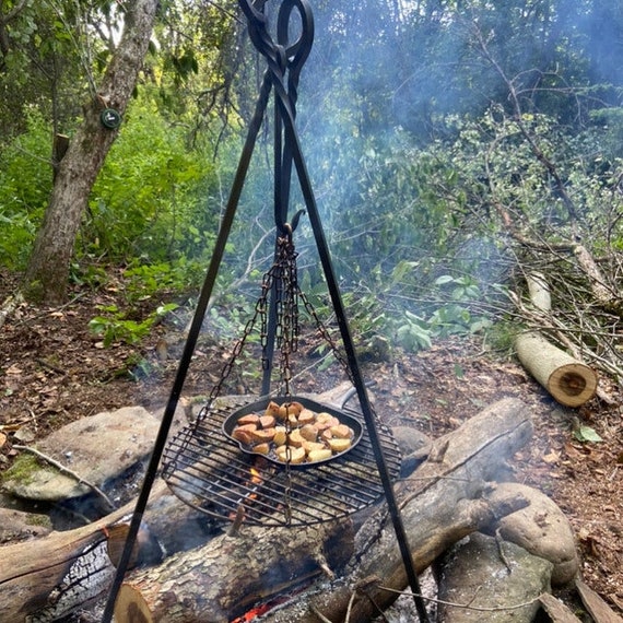 Hand forged campfire tripod.  Campfire, Fire pit grill, Blacksmithing