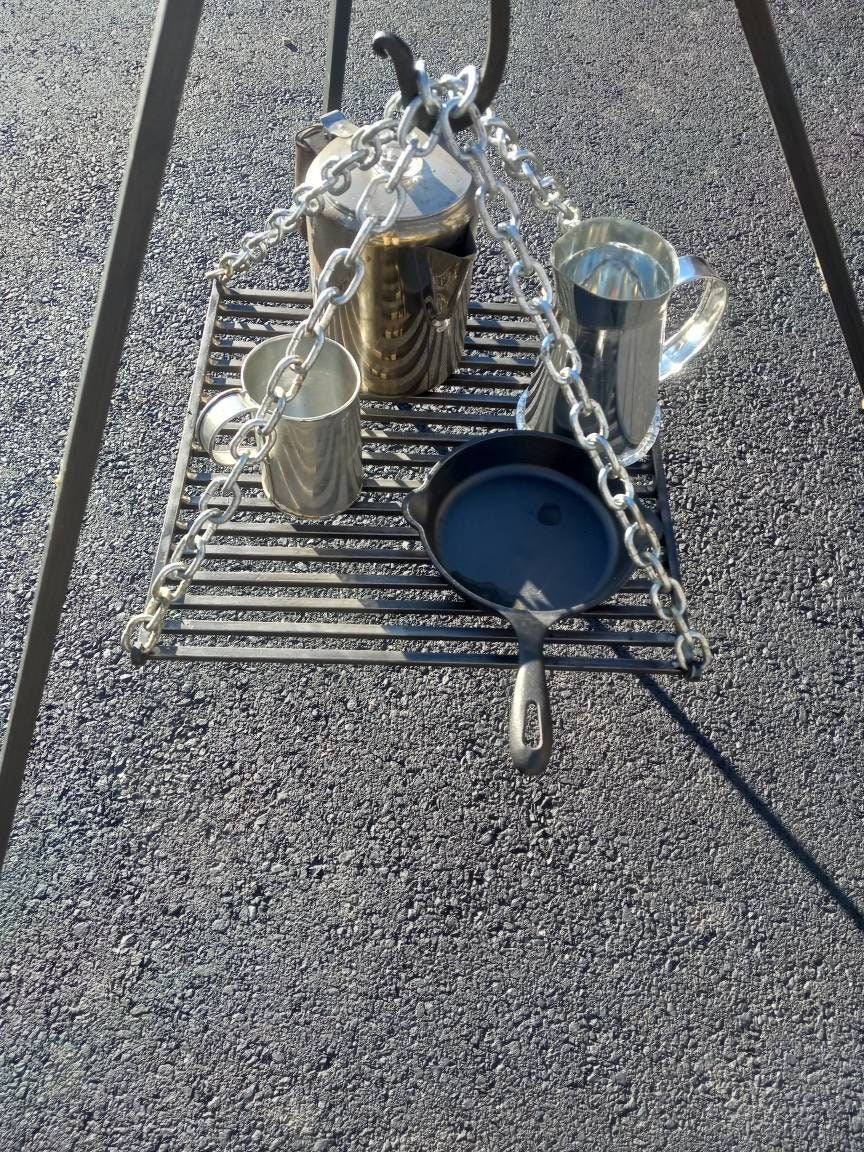 HAND FORGED  hanging GRILL campfire cooking heavy duty hanging for tripod