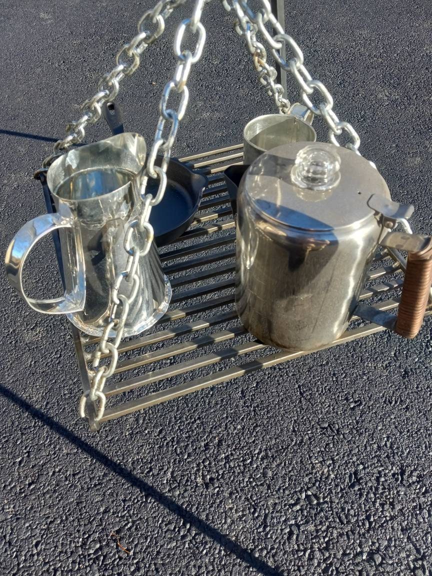 HAND FORGED  hanging GRILL campfire cooking heavy duty hanging for tripod
