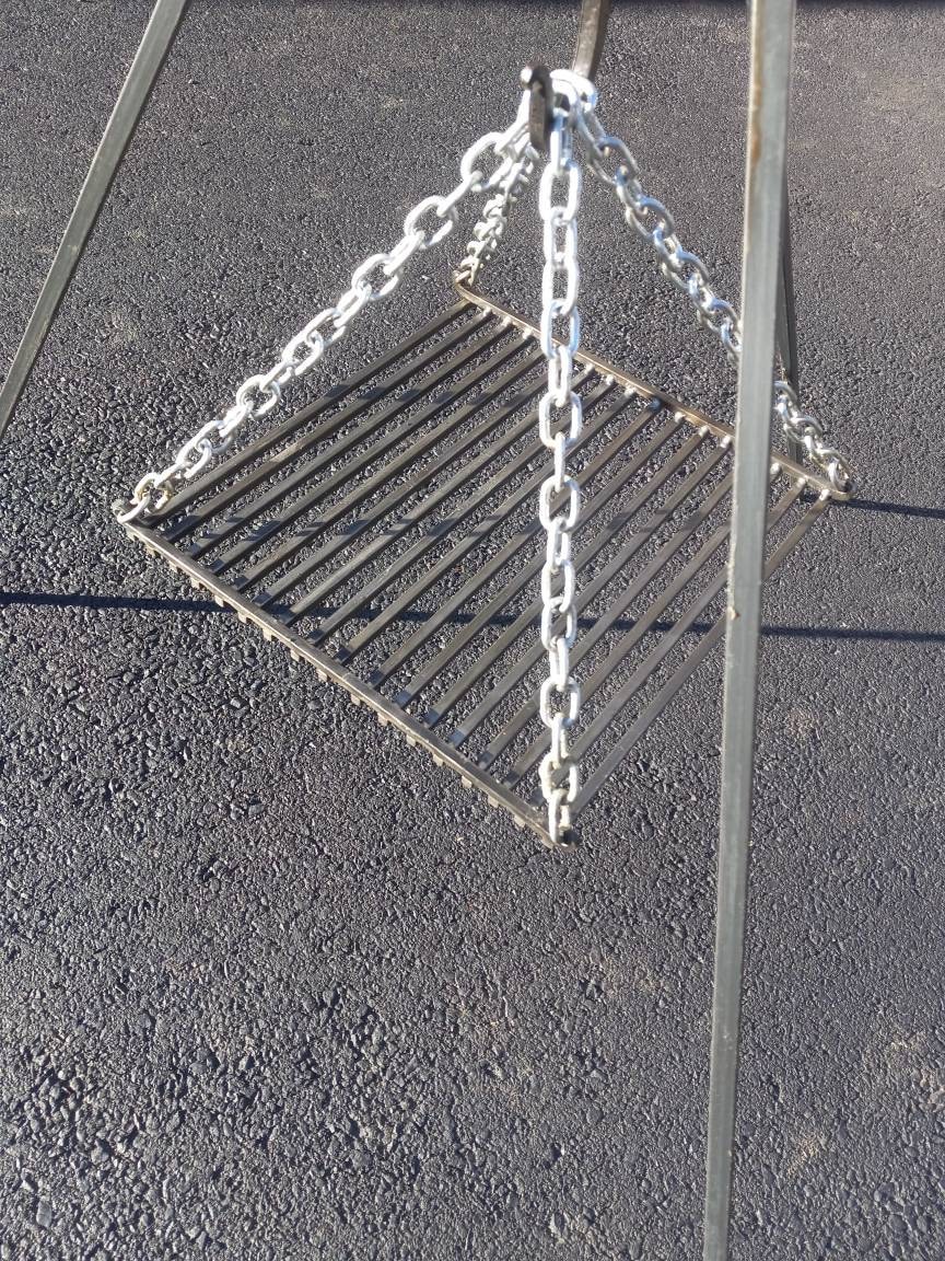 HAND FORGED  hanging GRILL campfire cooking heavy duty hanging for tripod