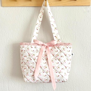 Pink Coquette Bow Tote Bag, Quilted Shoulder Bag with lace