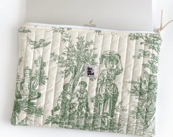 Green Quilted Laptop Sleeve: Macbook Case, Toile de jouy Macbook Bag