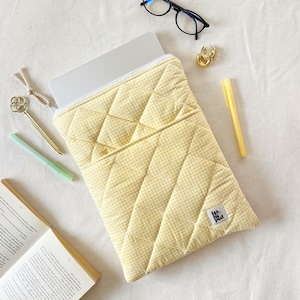 Laptop Sleeve with pocket, Butter Yellow Quilted Macbook Sleeve 13-15 inch, Padded iPad tablet sleeve, Macbook Case