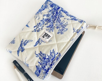 Pochette bleu papier blanc pour Kindle, housse de liseuse matelassée, pochette pour Kindle, étui pour Kindle à fleurs, porte-monnaie, pochette à fermeture éclair, cadeau pour amoureux des livres