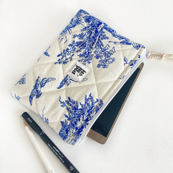 Pochette bleu papier blanc pour Kindle, housse de liseuse matelassée, pochette pour Kindle, étui pour Kindle à fleurs, porte-monnaie, pochette à fermeture éclair, cadeau pour amoureux des livres