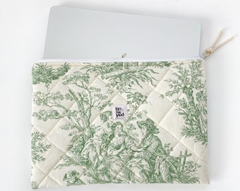 Laptop Bag, Green Quilted Laptop iPad tablet sleeve with cotton lining, MacBook Case