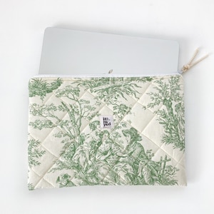 Laptop Bag, Green Quilted Laptop iPad tablet sleeve with cotton lining, MacBook Case