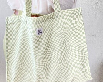 Green Gingham Canvas Tote Bag, Handmade Bag, Cotton Canvas Top Handle Bag, Grocery Bag, Lightweight Daily Bag, Casual Bag, Gift for Her