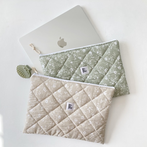 Laptop Sleeve, Quilted Laptop Case, Green and Beige MacBook Bag, Mother's Day Gifts