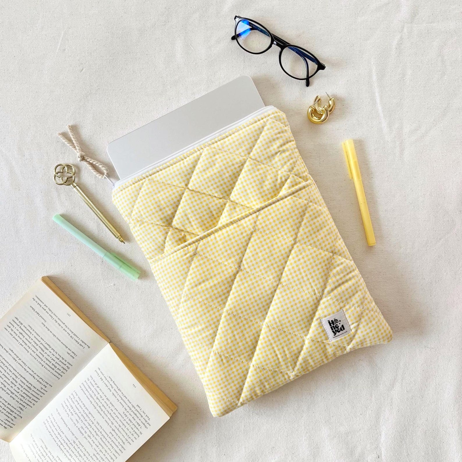 Butter Yellow Laptop Sleeve With Pocket: Gingham Quilted iPad Tablet ...