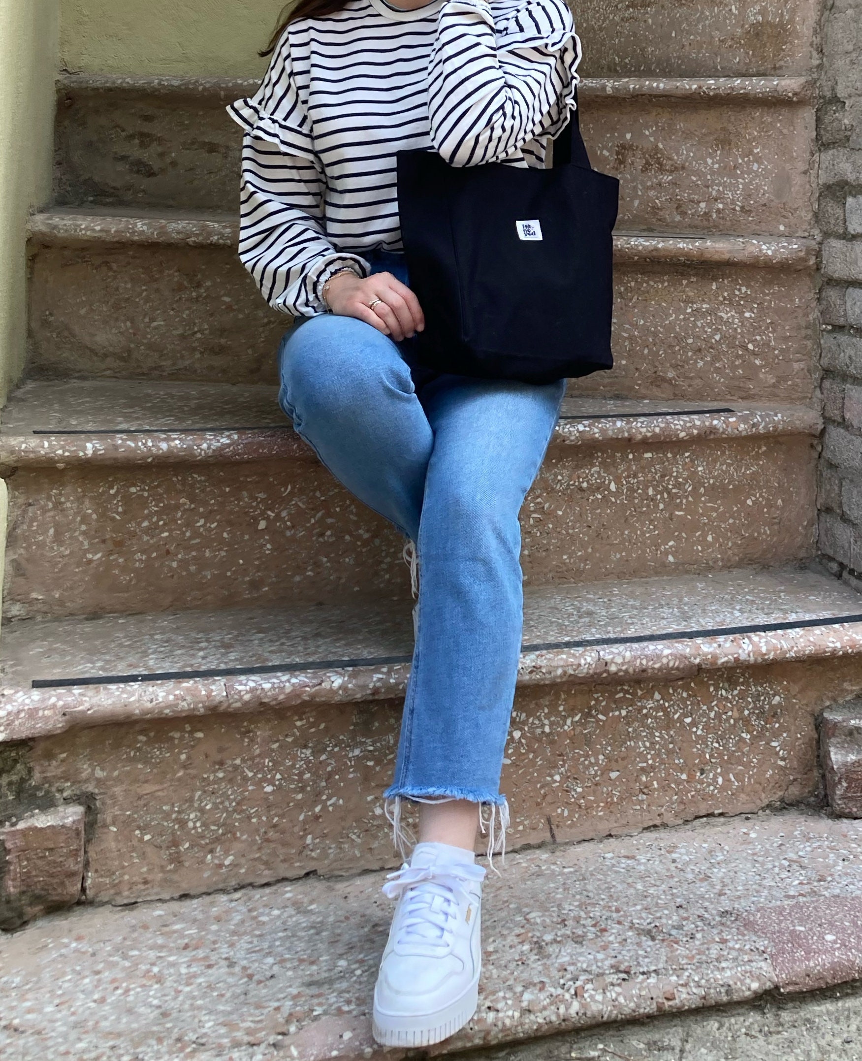 Black Canvas Bag Everyday Canvas Shoulder Tote Bags Tote Bag Etsy